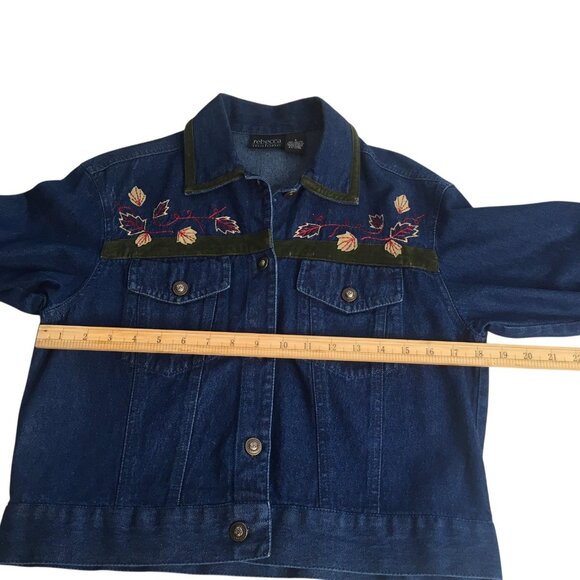 Rebecca Malone Denim Jacket Womens Small Blue Embroidered Leaves Velvet Trim - Picture 6 of 14